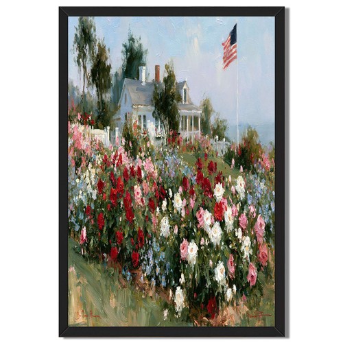 Floral cottage garden - cottage, framed
